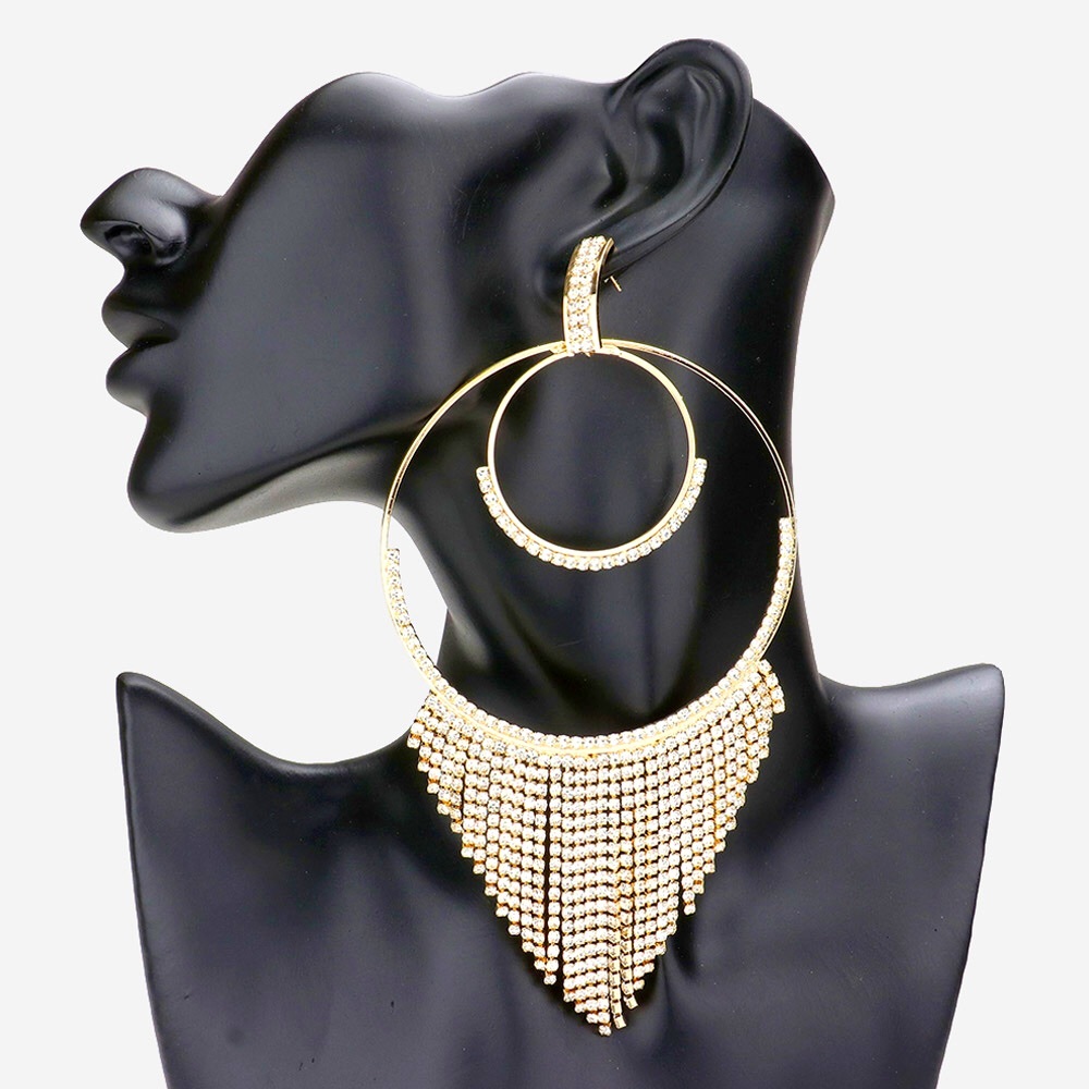Gold Open Metal Circle Rhinestone Fringe Statement Earrings